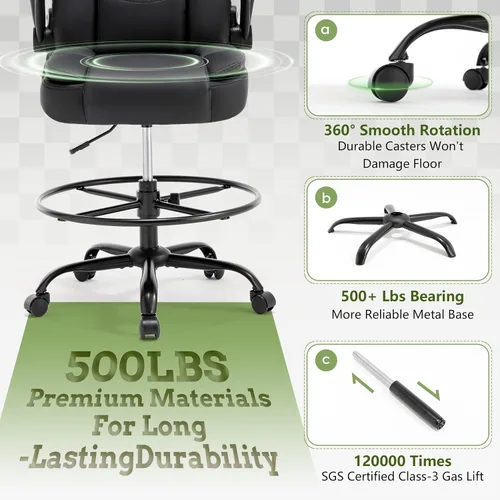 Vista 9 de Silla de Dibujo de 500 LBS, Silla de Escritorio de Pie Más Segura con Respaldo Alto, Silla de Oficina Alta Ejecutiva con Reposabrazos Abatibles