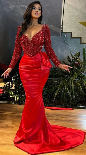Vista 3 de Vestidos de fiesta de sirena de manga larga con lentejuelas para mujer, vestidos de noche formales de satén con cuello en V brillante 2024 con cola