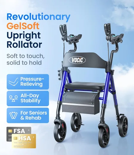Vista 2 de VOCIC Caminantes para personas mayores, andador vertical con reposabrazos ajustables, Z22 GelCool Stand Up Walker con asiento y respaldo Ergo