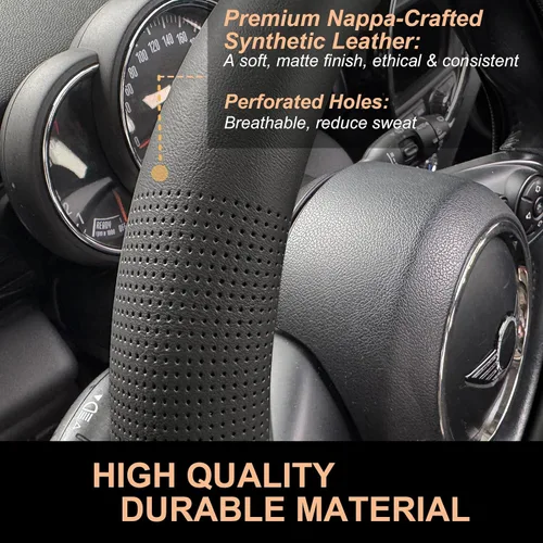 Vista 3 de PINCTROT Funda de cuero de napa para volante, ajuste delgado, diseño sin volumen, de una pieza de cuero con perforación transpirable, se ajusta como