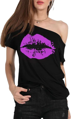 Vista 62 de MAGICMK - Camiseta casual para mujer, con estampado de labios y hombro descubierto, talla extragrande