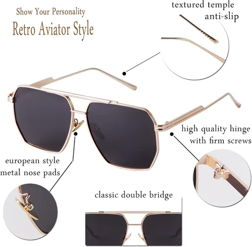 Vista 5 de DQbhzh Gafas de sol polarizadas cuadradas para aviador para mujeres y hombres estilo retro de gran tamaño marco de metal polígono protección UV400