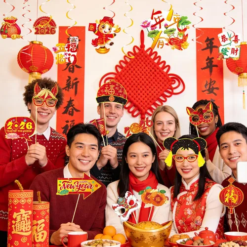 Vista 4 de Juego de 81 sobres rojos de Año Nuevo chino, paquetes rojos de caballo Hong Bao para fiestas, remolinos para selfies, accesorios para cabina