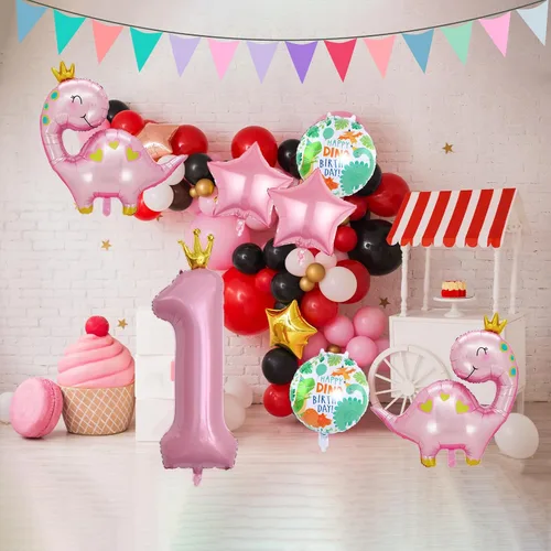 Vista 5 de 7 globos de dinosaurio con corona rosa, globos de aluminio Mylar para cumpleaños de niñas, suministros de primera fiesta color rosa