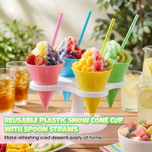 Vista 5 de FoldTier 20 tazas reutilizables de cono de nieve de 6 onzas con 20 cucharas de plástico multicolor de 9.3 pulgadas, suministros de hielo afeitado a