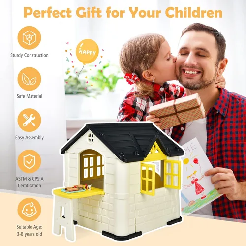 Vista 8 de Costzon Casa de juegos para niños, juegos de jardín al aire libre con puertas y ventanas de trabajo, casa de juguetes de simulación con mesa