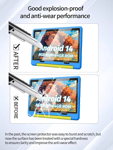 Vista 3 de Protector de pantalla para tableta URAO 2024 Android 14 para niños de 10 pulgadas, dureza 9H resistente al tacto, 2.5D, bordes redondeados sin
