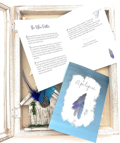 Vista 2 de Smiling Wisdom - Tarjeta de felicitación de disculpas y plumas que simbolizan disculpas y perdón - Hombres Mujeres Pareja Familia - Pluma azul