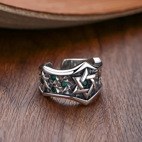 Vista 2 de Anillo vintage de plata de ley 925 con estrella de David judía con circonita cúbica para hombres y niños abierto ajustable, Metal, Zirconia cúbica