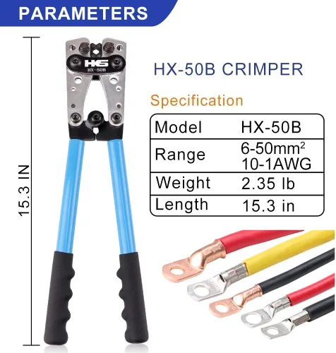 Vista 3 de HKS Herramienta de prensado de cable de batería para terminales de anillo de cobre AWG 10-1, crimpadora resistente para terminales de alambre