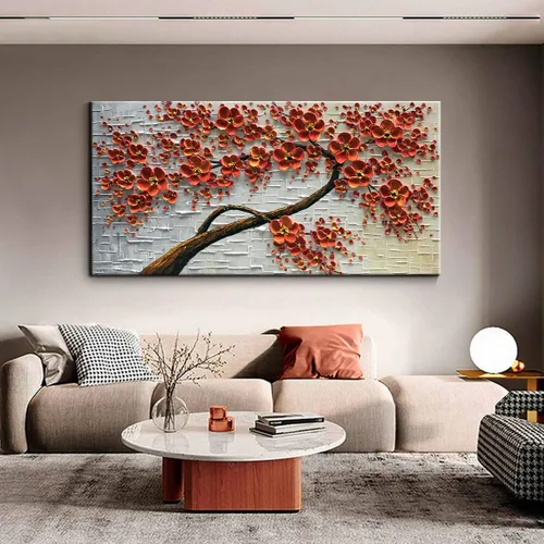 Vista 5 de YaSheng Art - Pintura al óleo pintada a mano sobre lienzo Textura Paleta Cuchillo Pinturas Flores Rojas Pinturas Modernas Decoración del Hogar