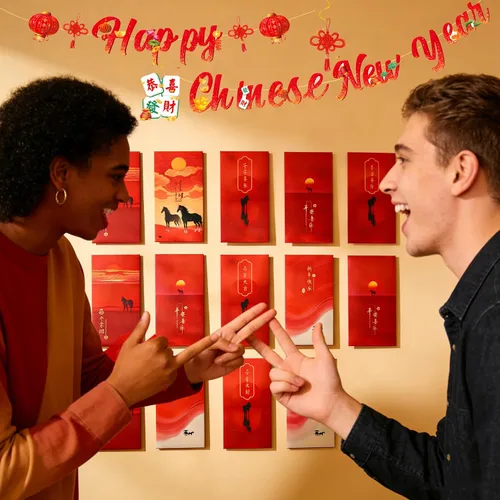 Vista 6 de Juego de 81 sobres rojos de Año Nuevo chino, paquetes rojos de caballo Hong Bao para fiestas, remolinos para selfies, accesorios para cabina
