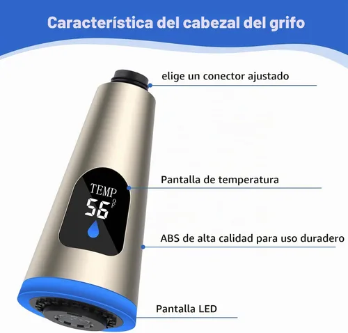 Vista 4 de Cabezal de grifo de cocina LED, pantalla de temperatura, rociador de 4 Níquel cepillado