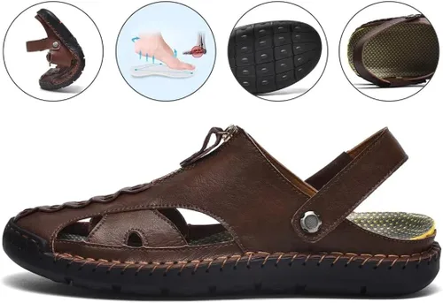 Vista 4 de MCEMACHI Men Closed Toe Leather Beach Sandals,Handmade Fashion Fisherman Waterproof Slides Sandal,Casual Water Slippers Shoes