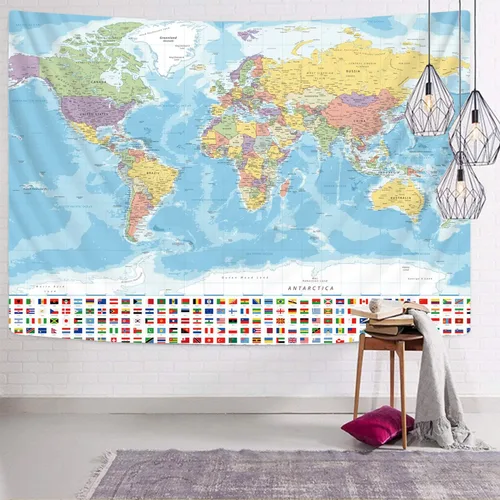 Vista 3 de KYKU Tapiz pequeño de mapa del mundo, tapiz con mapa del mundo, banderas, decoración de viaje, aula, decoración de la tierra, fiesta