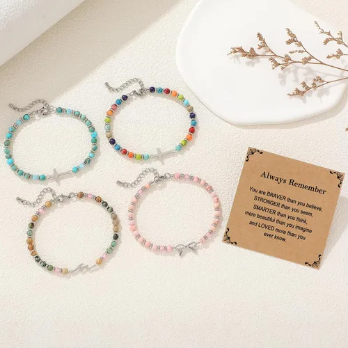 Vista 4 de Pulsera de onda/lazo/cruz para mujer, coloridas pulseras de cuentas de piedra natural, regalo único de amistad para mejor amiga, hermana, mejor