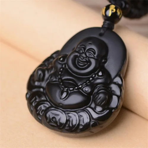 Vista 3 de Collar de obsidiana negra con dije de protección de amuleto de la suerte con cadena de cuentas extendida, piedra de cristal curativo, collares