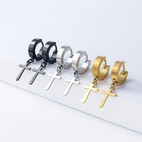 Vista 4 de Halawly Juego de aretes de aro de acero inoxidable para mujeres y niñas, 3 pares6 pares10 pares pequeños, enormes plateados, dorados, negros, cruz