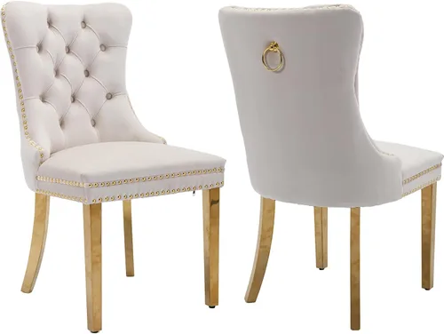 Vista 56 de Juego de 2 Sillas de Comedor Modernas de Mediados de Siglo, Tapizadas en Terciopelo Beige con Respaldo Acolchado, Sillas de Cocina y Comedor, Patas