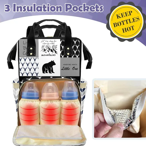 Vista 2 de Woodland Deer - Bolsa de pañales personalizada para bebés, niños y niñas con nombre, bolsa de lactancia personalizada para mamá y papá, Negro