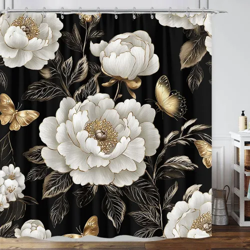 Vista 17 de Cortina de ducha de mariposa floral negra y dorada, cortina de ducha bohemia con diseño botánico de flores oscuras para baño con gancho, juego