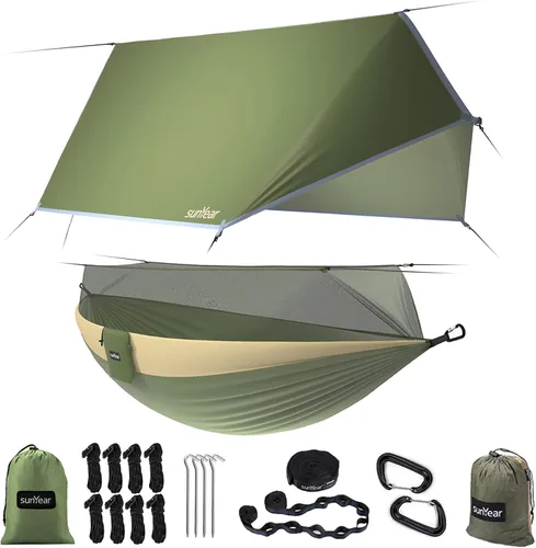 Vista 13 de Sunyear Hamaca de Camping, Hamaca Portátil Individual y Doble con Red, Tienda de Hamaca para 2 Personas con 2 Correas de 3 metros, Ideal para A