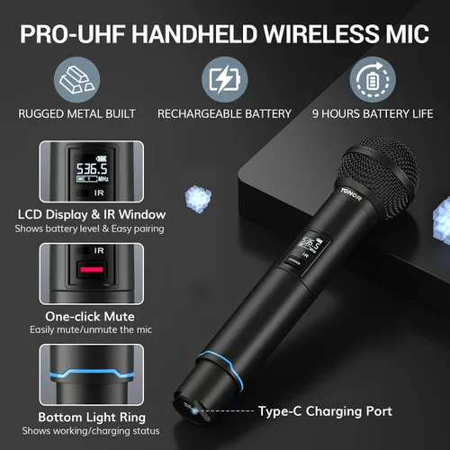 Vista 6 de TONOR Sistema de Micrófono Inalámbrico, Escaneo Automático y Emparejamiento Micrófono Inalámbrico Recargable Profesional, Set de 2x100 UHF