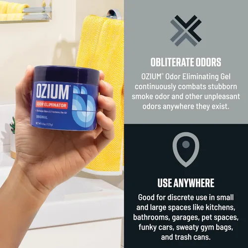 Vista 3 de Ozium Gel eliminador de olores, alternativa al ambientador de 4.5 onzas para humo, mascotas y olores a humedad, removedor de olores de larga
