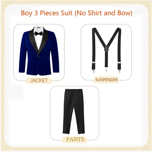 Vista 2 de MAGE MALE Traje de terciopelo de 3 piezas para niños, conjunto de chaqueta de varios colores para boda, graduación, fiesta, esmoquin con tirantes