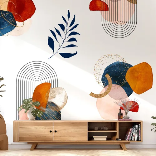 Vista 11 de Calcomanías de Pared Bohemias de Mediados de Siglo Modernas Despegar y Pegar, Pegatinas de Vinilo de Pared de Arcos Grandes Sol, Hojas Plantas