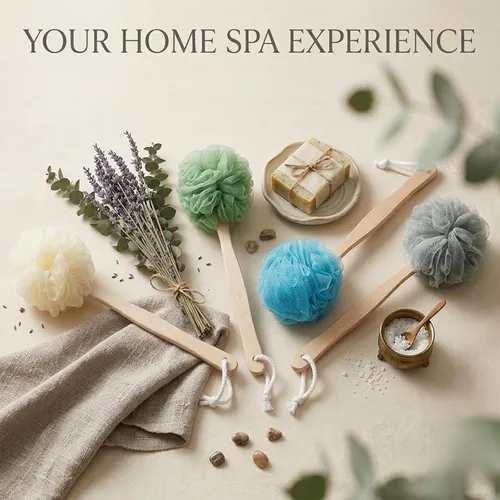 Vista 7 de Paquete de 4 esponjas grandes de esponja de esponja de baño con mango largo para ducha, cepillo de espalda para el cuerpo de baño, cepillo de spa