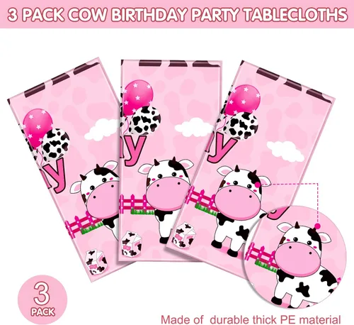 Vista 3 de Tiamon 3 manteles de plástico de 108 x 54 pulgadas para fiesta de cumpleaños de vaca, funda de mesa con estampado de vaca rosa, manteles de animales