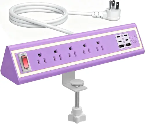 Vista 15 de Regleta de alimentación con abrazadera de escritorio con luz nocturna, carga rápida de 40 W, cable de extensión de 6 pies, USB-C de 4 x 20 W y 2