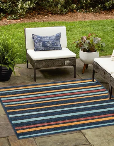 Vista 8 de Unique Loom Belize Outdoor Collection - Alfombra rectangular de 2 x 3 pies 1 pulgada, color carbón y azul claro