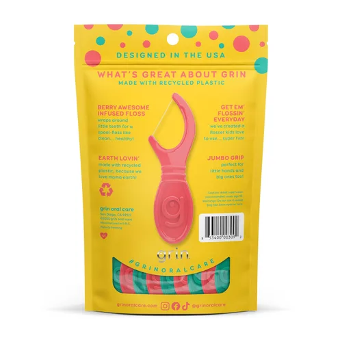 Vista 2 de GRIN Kiddo Hilos Dentales, Sabor Berry Impresionante, Plástico Reciclado, Agarre Jumbo, Haz que TUS NIÑOS Empiezen a Usar Hilo Dental Temprano