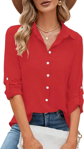 Vista 16 de Odosalii - Camisas con botones para mujer, con cuello en V, manga larga, enrolladas, blusas elegantes y formales para negocios y ocasiones casuales