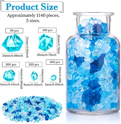 Vista 2 de Nuanchu 1140 gemas acrílicas piratas, cubos de hielo falsos, tamaños mixtos, joyas trituradas, diamantes de plástico, relleno de jarrón para bodas
