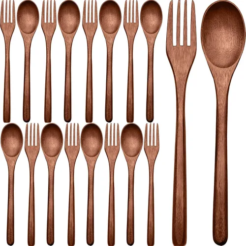 Vista 7 de Patelai Juego de 6 cucharas de madera, tenedores, utensilios de madera para comer de madera, juego de cubiertos reutilizables, cubiertos naturales