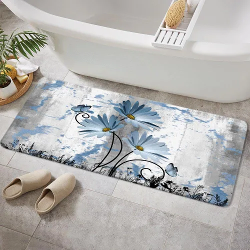 Vista 18 de Alfombra de baño rústica de granja, diseño de margaritas y mariposas en madera de campo, tapete de baño de madera color gris, blanco, azul marino
