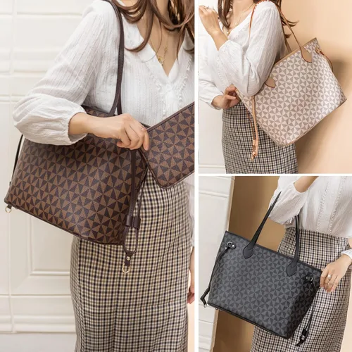 Vista 3 de Bolsos de mano para mujer, bolsos de moda de diseñador con asa superior, 2 piezas, con cartera pequeña (marrón)
