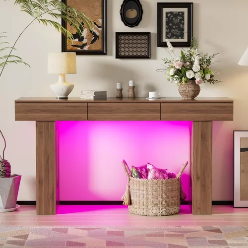 Vista 9 de PAKASEPT - Mesa de consola de 63 pulgadas con luces LED coloridas y 3 cajones, mesa de sofá rectangular de madera detrás del sofá, mesa de entrada