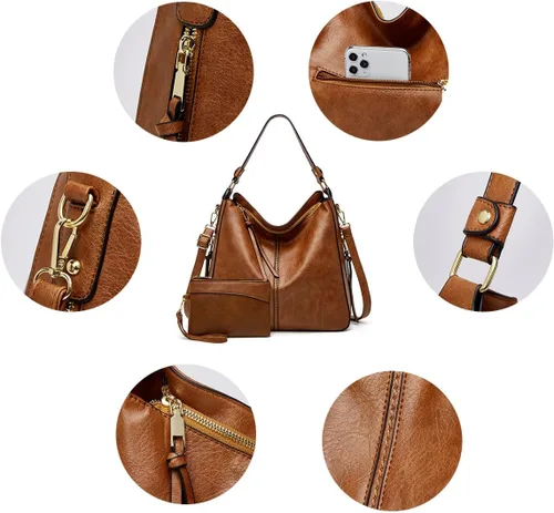 Vista 3 de Bolso de mano de moda para mujer, bolso de mano, bolso de hombro, asa superior, conjunto de bolso, A-Marrón