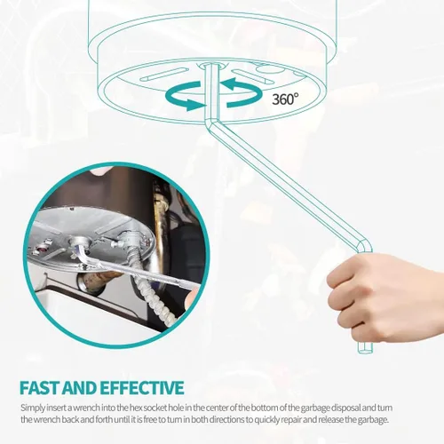 Vista 2 de Llave de eliminación de basura, llave Jam-Buster de diseño alargado, herramienta Allen para eliminación de basura compatible con InSinkErator