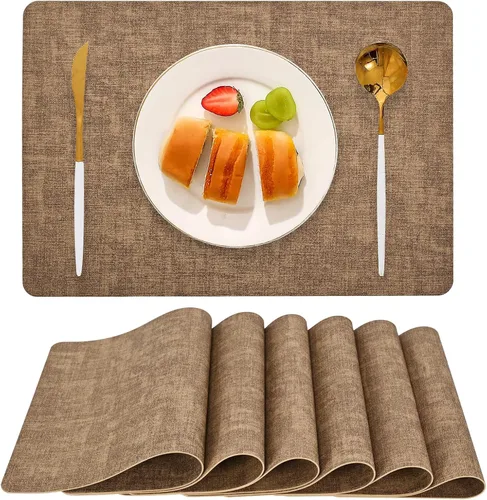 Vista 8 de Juego de 6 manteles individuales de piel sintética (beige) Heat Resistant Wipeable Washable Place Mats, Waterproof Anti-Slip Dining Table Mats
