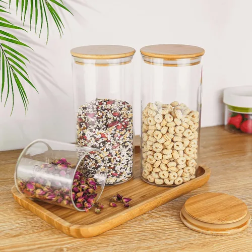 Vista 8 de Tarro de vidrio de 18 Oz/550 ML con tapa, recipientes de almacenamiento de vidrio versión engrosada transparente con tapa de bambú sellada