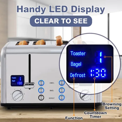 Vista 3 de CUSIMAX Tostadora de 4 rebanadas, pantalla LED ultra clara y ranuras extra anchas, paneles de control dobles de 6 ajustes de sombra, función