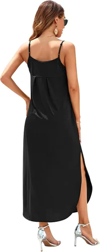 Vista 5 de Huskary - Vestido largo de verano para mujer, casual, sin mangas, con cuello en V y tirantes delgados, abertura lateral, diseño suelto
