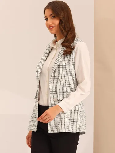 Vista 3 de Allegra K Chaleco vintage de tweed para mujer, con frente abierto, a cuadros, sin mangas, cárdigan casual para el trabajo