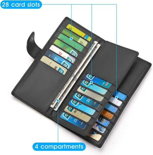 Vista 4 de Cartera de piel auténtica para mujer con bloqueo RFID, Negro -, Plegar y Negocios