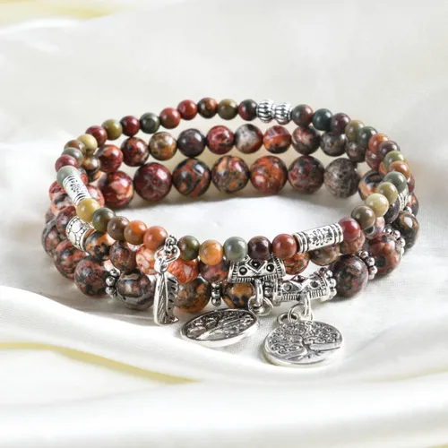 Vista 3 de YGLINE Pulseras de piedra curativa de yoga del árbol de la vida, juego de pulseras de reiki de piedra de chakra de loto multicapa, piedra natural